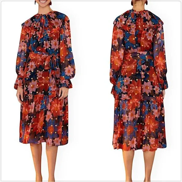 Farm Rio Navy Garden Lenzing Ecovero Viscose Midi Dress Blue Floral NWT New XL - Picture 2 of 8